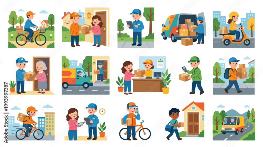 Fototapeta premium Flat Design Delivery Service Characters with Packages and Vehicles
