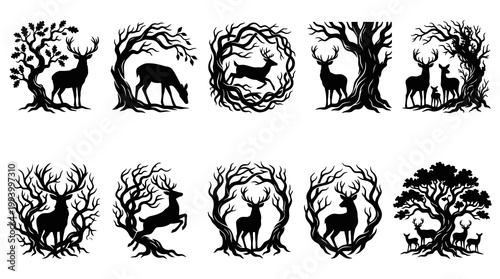 Deer Silhouette Vector Art with Trees, Nature Wildlife Graphics