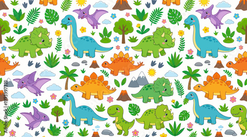 Cute cartoon dinosaurs pattern, flat style, for children's design