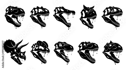 Stylized Black and White Dinosaur Skulls Vector Set for Paleontology and Prehistoric Designs