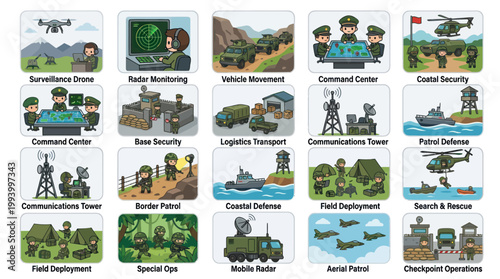 Military Operations Icons: Flat Vector Art for Defense Industry