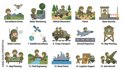Army Defense Tasks Flat Vector Illustration Set for Military Operations and Logistics