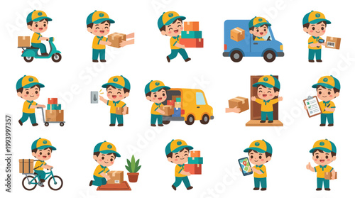 Flat Design Delivery Man Character Set - E-commerce Logistics Icon