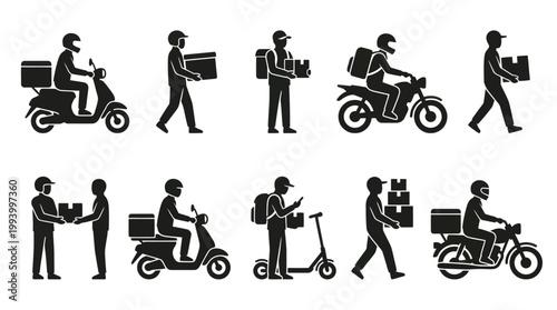 Black and White Glyph Icons of Delivery Personnel with Packages