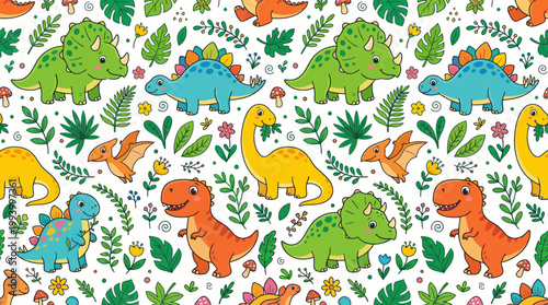 Cute Cartoon Dinosaurs Seamless Pattern for Children's Design, Hand Drawn Prehistoric Animals Background