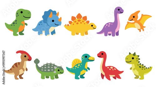Cute Cartoon Dinosaurs Set, Childrens Illustration, Flat Style
