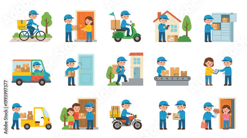 Flat Vector Delivery  Logistics Service Illustrations: Couriers, Packages, and Vehicles