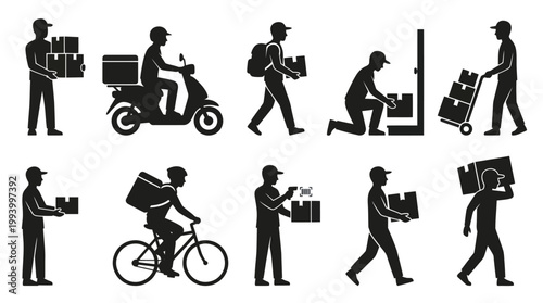 Delivery  Logistics Icon Set: Courier Men, Packages  Shipping Service Silhouettes