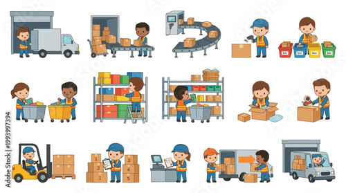 Warehouse logistics cartoon icons: workers, trucks, conveyor, forklift, packing