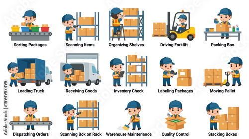 Flat Vector Illustration of Warehouse Logistics Workers Performing Various Operations Set