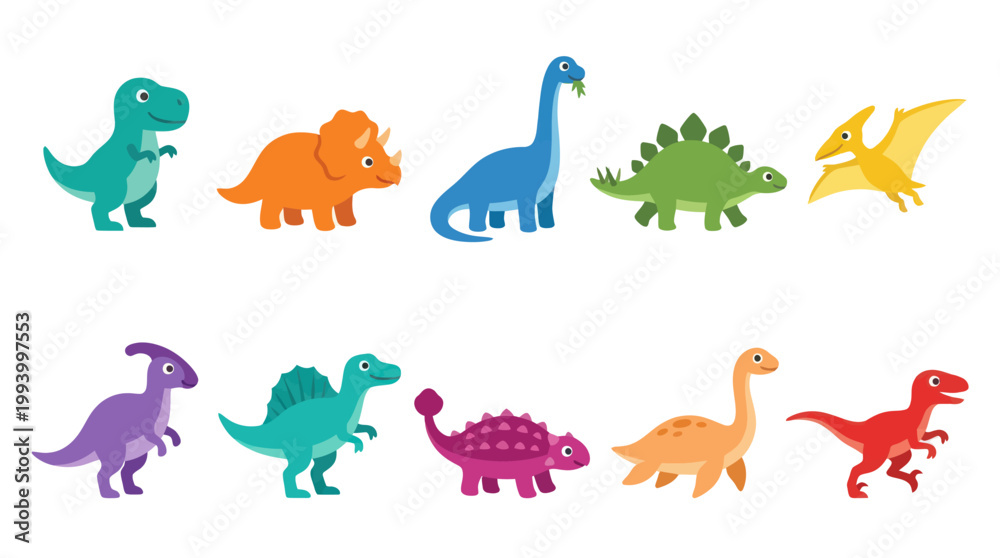 Obraz premium Cute Cartoon Dinosaur Collection - Flat Vector Illustration for Kids