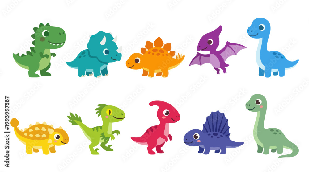 Obraz premium Cute cartoon dinosaurs, flat vector illustration for children's education
