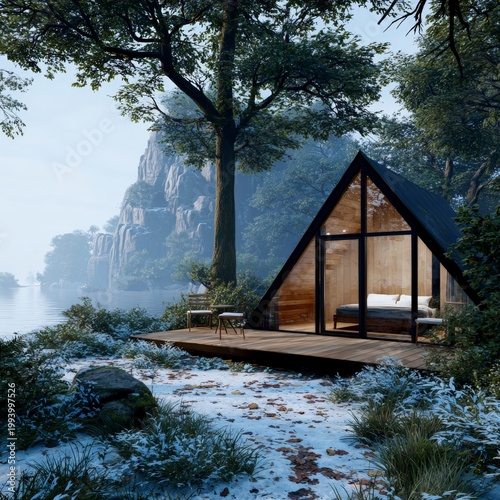 Cozy A-frame cabin with glass walls nestled in dense forest by lake during winter season