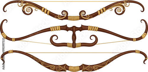 Ornate decorative bows collection isolated on white background fantasy archery weapons set