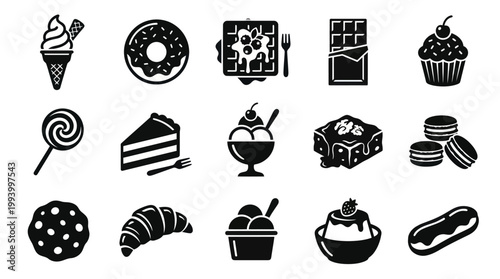 Black and White Icons of Desserts and Sweets in Glyph Art Style