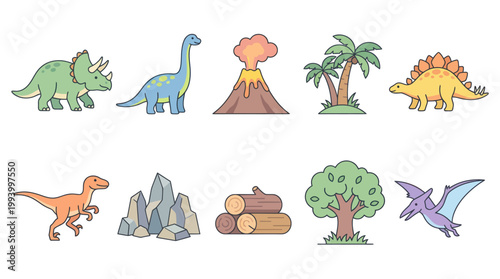 Cute Cartoon Prehistoric Dinosaurs and Landscape Flat Line Art Icons Set