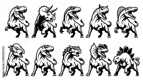 Set of Dinosaur Icons, Black and White Line Art, Vector Stock