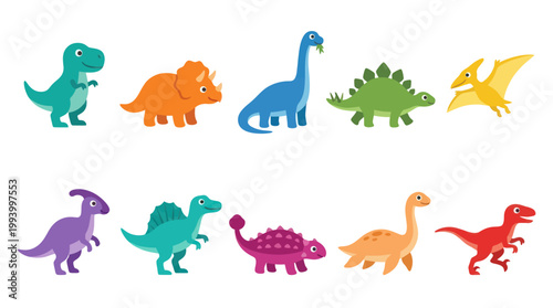 Cute Cartoon Dinosaur Collection - Flat Vector Illustration for Kids