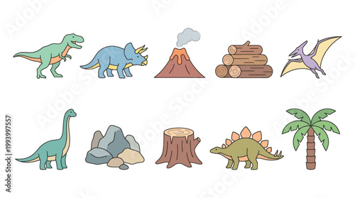 Cute Cartoon Dinosaur and Prehistoric Elements Flat Vector Illustration