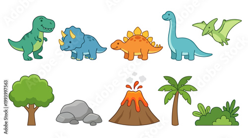 Children's Flat Cartoon Vector Dinosaurs  Prehistoric Nature Elements Set