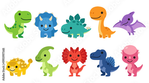 Cute Cartoon Dinosaurs Collection, Children's Illustration, Flat Design