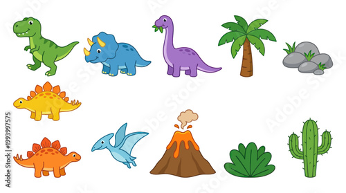Cute Dinosaur Vector Icons Set for Kids and Education