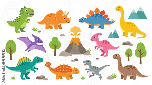 Cute Cartoon Dinosaurs Set - Kids Vector Illustration
