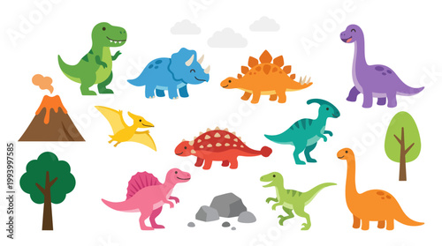 Cute Cartoon Dinosaurs Vector Set - Children's Illustration Art
