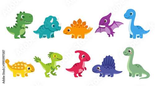 Cute cartoon dinosaurs, flat vector illustration for children's education