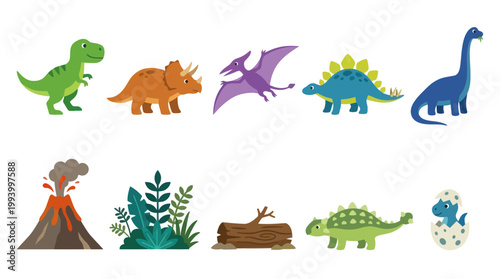 Cute cartoon dinosaurs and prehistoric volcano for children's illustration
