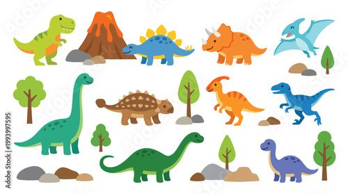 Cute Dinosaur Set, Childrens Illustration, Vector Art