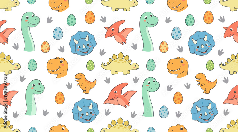 Fototapeta premium Cute Cartoon Dinosaurs Pattern - Vector Art - Kids Theme