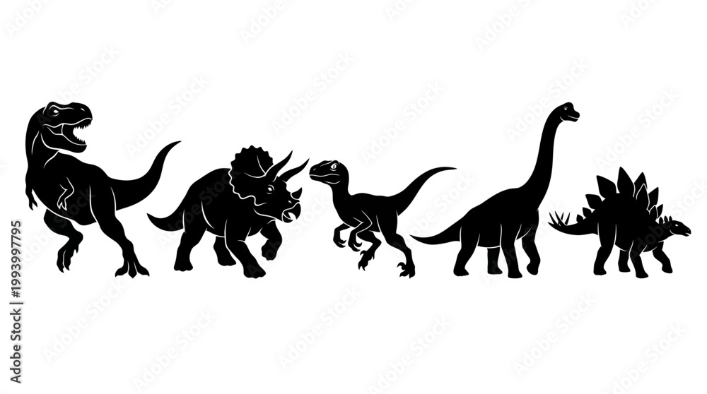 Fototapeta premium Dinosaur Silhouettes: T-Rex, Triceratops, Raptor, Brontosaurus, Stegosaurus - Vector Art