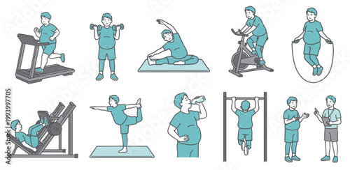 様々な運動をするぽっちゃり成人男性の10点セットイラスト（笑顔）