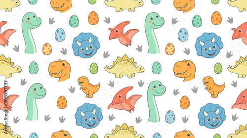Cute Cartoon Dinosaurs Pattern - Vector Art - Kids Theme
