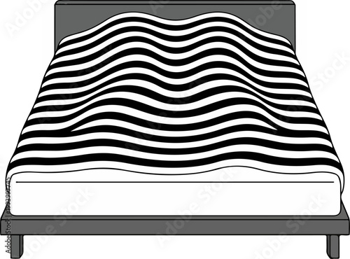 Bed with striped blanket and mattress.