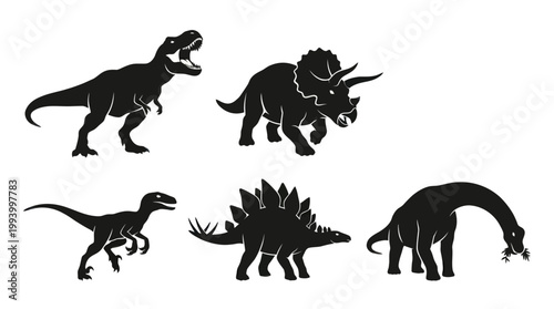 Black  White Dinosaur Silhouettes Vector Icon Set - Prehistoric Animal Collection