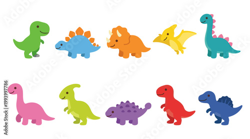Cute Cartoon Dinosaurs Flat Vector Illustration Set for Kids Education and Children's Design