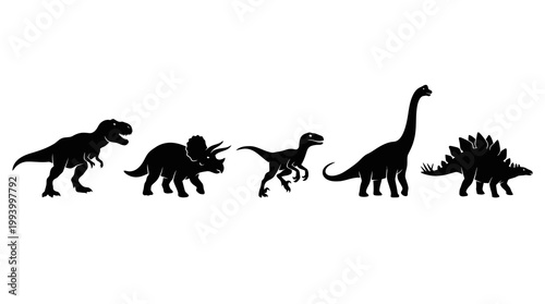 Black Silhouette Dinosaurs Collection Flat Style Vector Art