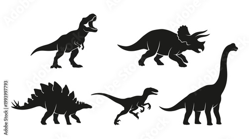 Black Dinosaur Silhouettes: T-Rex, Triceratops, Stegosaurus, Raptor, Brontosaurus