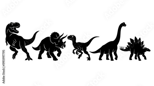 Dinosaur Silhouettes: T-Rex, Triceratops, Raptor, Brontosaurus, Stegosaurus - Vector Art