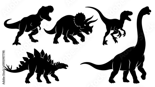 Prehistoric Dinosaurs Vector Silhouettes Set. Black  White Ancient Animal Glyphs.