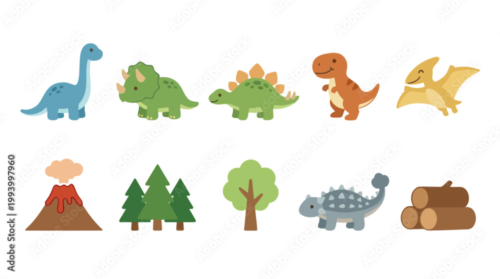 Fototapeta premium Cute Dinosaur Icons - Flat Vector Art for Kids and Education