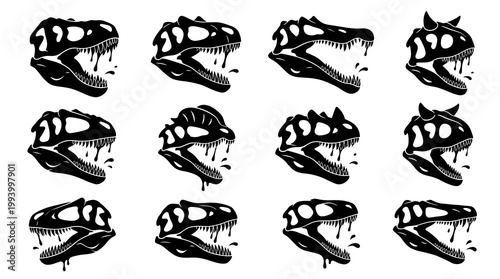 Black and White Dinosaur Skulls Silhouette Vector Collection - Prehistoric Animal Glyphs