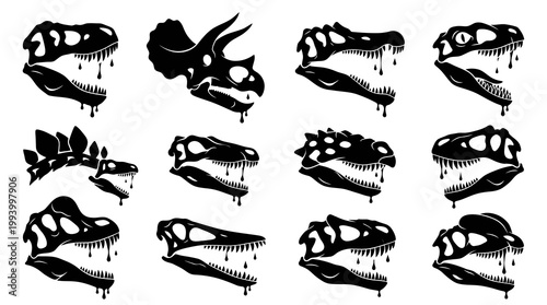 Prehistoric Dinosaur Skull Skeletons Black and White Vector Art Set with Dripping Effect