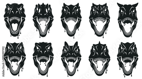 Stylized T-Rex Dinosaur Head Logos with Dripping Blood Effect - Black  White Prehistoric Vector Set