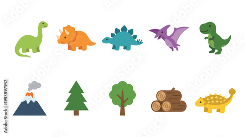 Prehistoric Dinosaurs and Nature Elements Flat Cartoon Vector Icon Set for Kids
