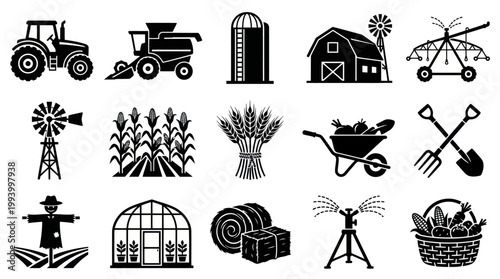 Farming Icons Black and White Glyph Set - Tractor, Barn, Crops, Tools
