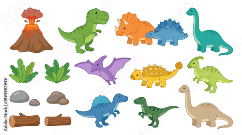 Cute Cartoon Dinosaurs and Volcano Vector Illustration