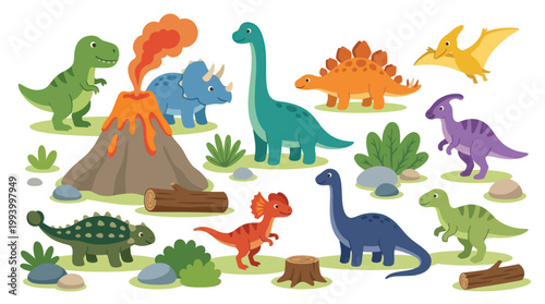 Cute Cartoon Dinosaurs and Volcano Illustration - Children's Vector Art